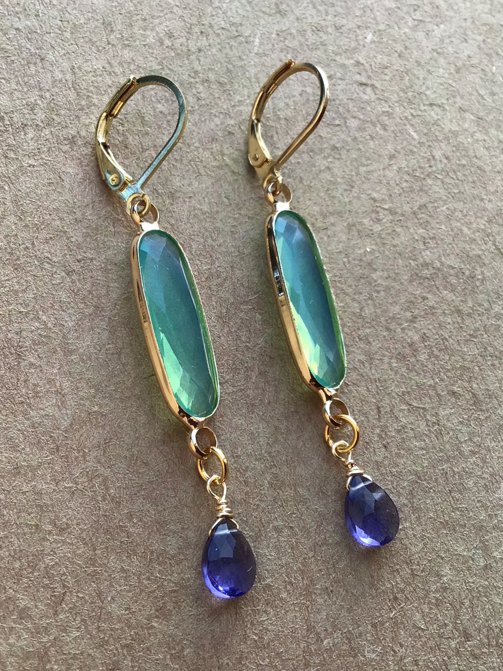 Blue mint chalcedony bezel tanzanite quartz gold plated Earrings - Picture 9 of 13
